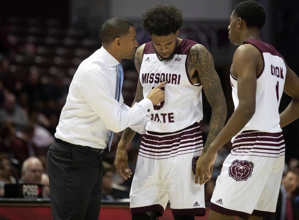 FIRST SEASON: Missouri State University head men’s basketball coach Dana Ford talks to his players during a game.